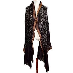 Vintage Y2K Artisan Black Silk Embroidered Drape Shawl Wrap with Gold Trim